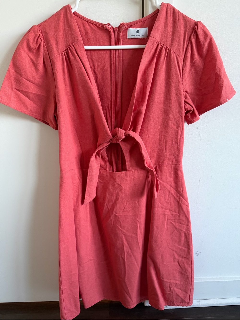 Socialite Coral-Pink Tie-Front Short Sleeve Tunic